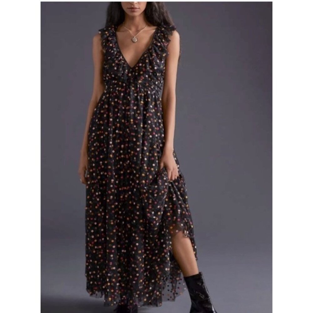Anthropology Maeve Soraya Shimmer Polka Dot Black Maxi Dress Tulle Tired Size 10